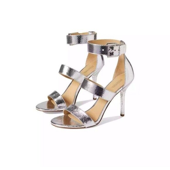 Michael Kors Women's Amal Metallic Snake Embossed Leather Sandal Silver, US 8 M - Picture 2 of 11